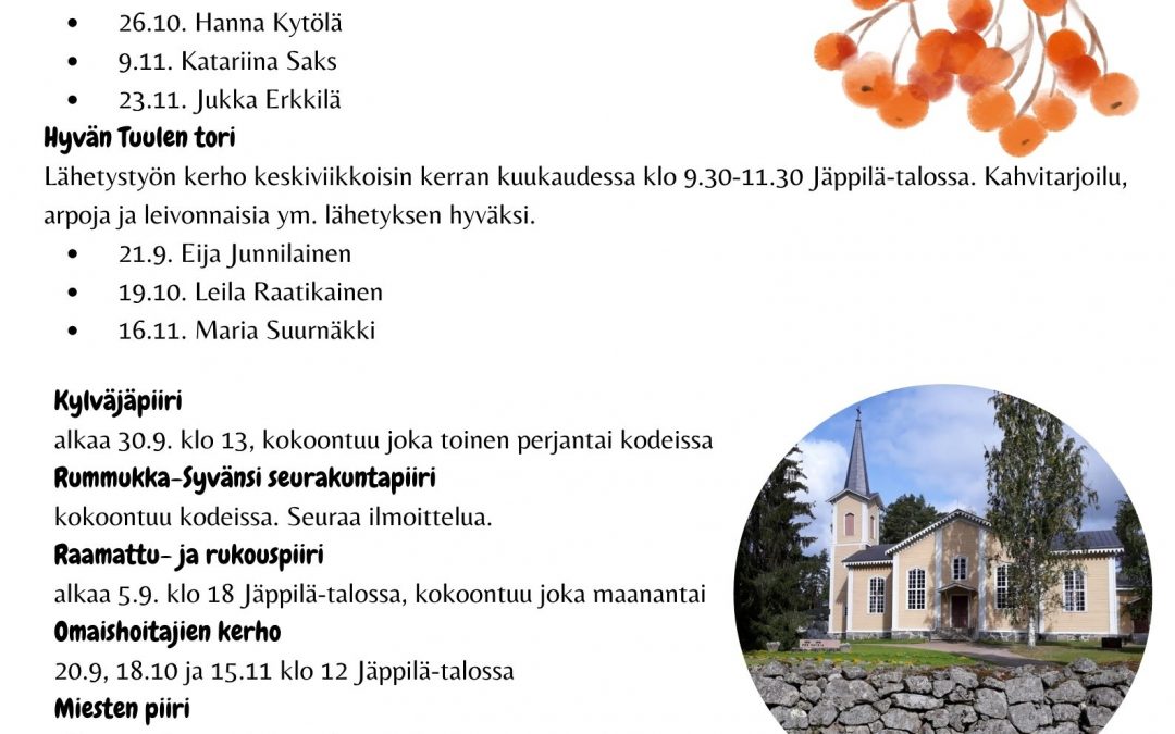 Seurakunnan toimintaa syksyllä 2022